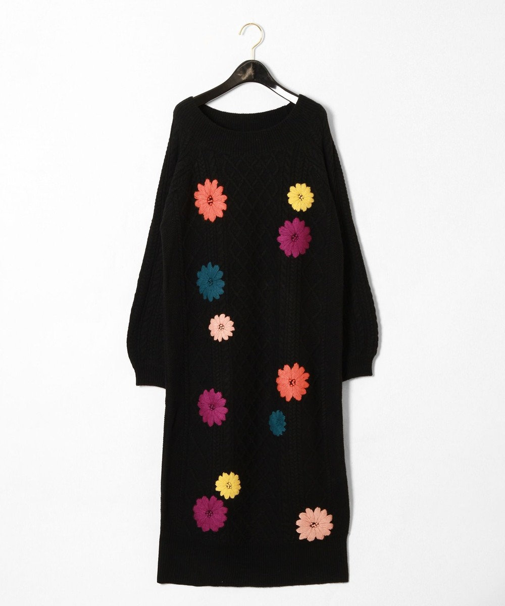 刺繍ケーブルニットワンピース ブラック 36