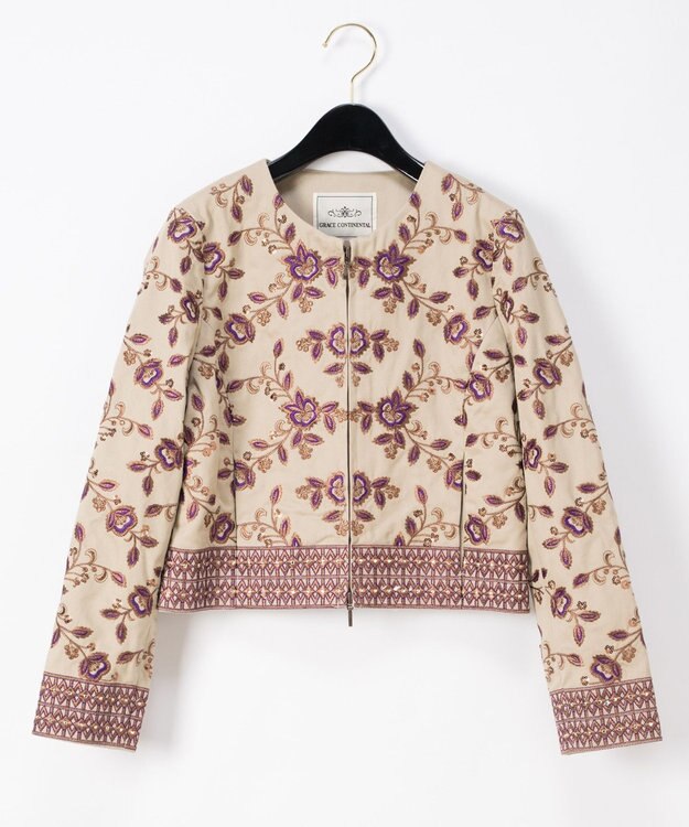 GRACE CONTINENTAL 刺繍ノーカラージャケット ベージュ