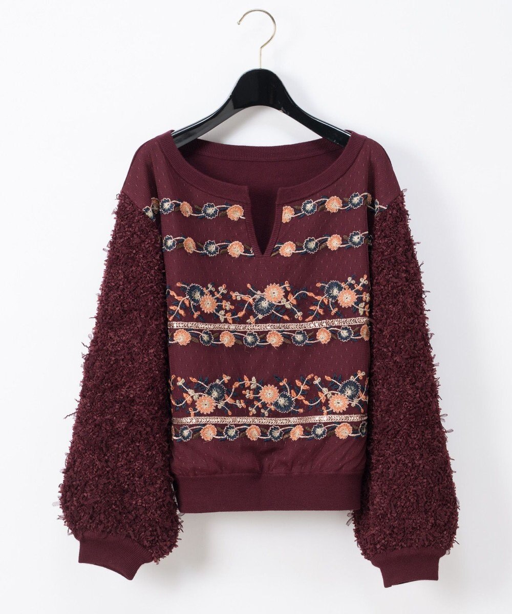 GRACE CONTINENTAL 刺繍ラインニットトップ-EC ボルドー