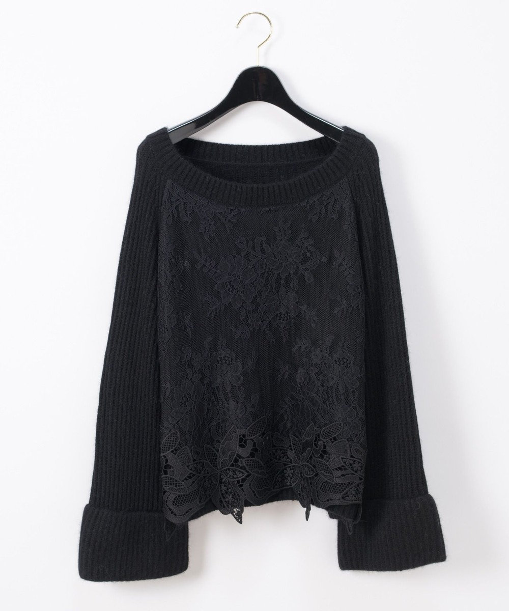 GRACE CONTINENTAL 袖フレアレース畦ニットトップ ブラック