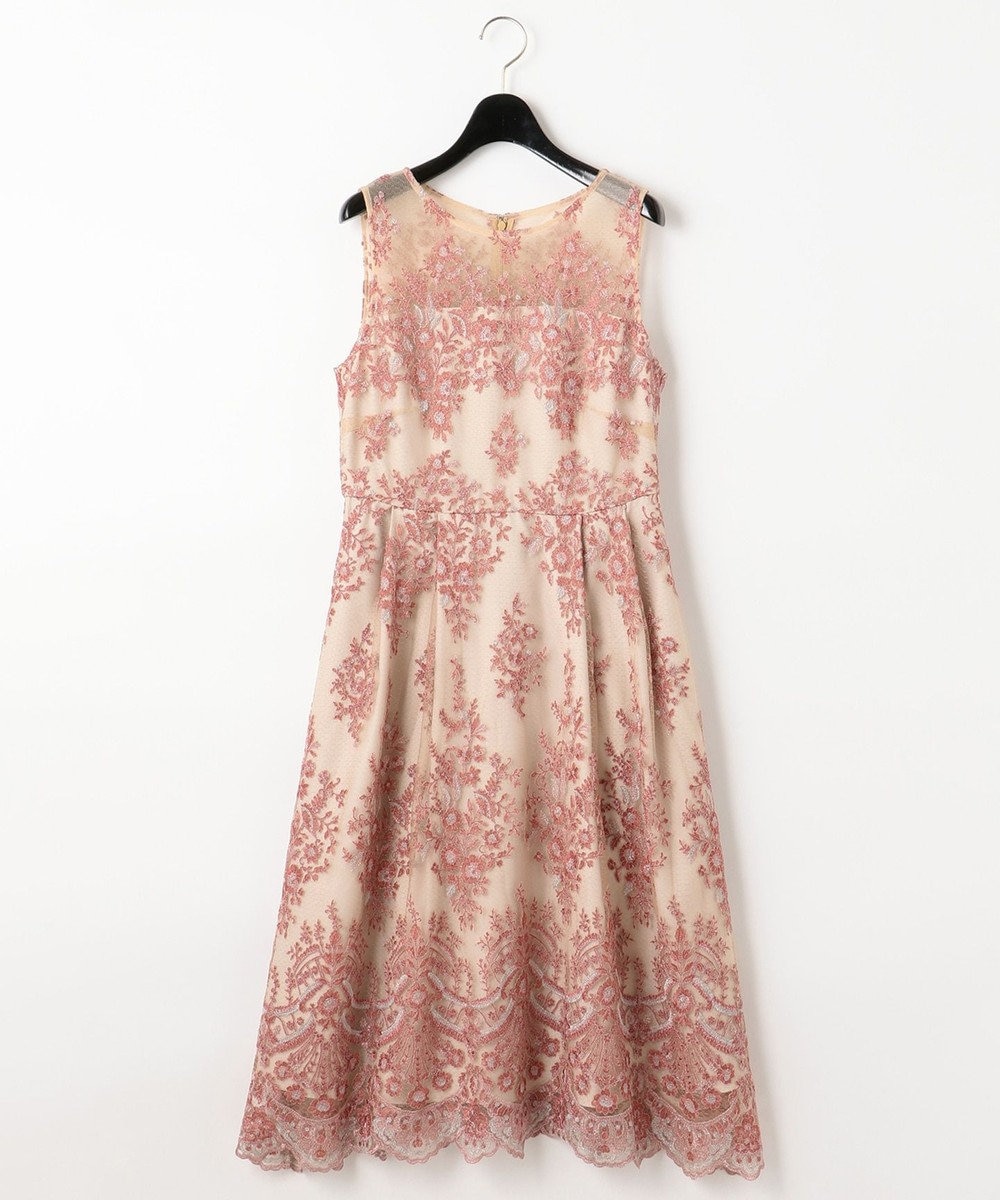 ラメフラワー刺繍ドレス, ベージュ, 34