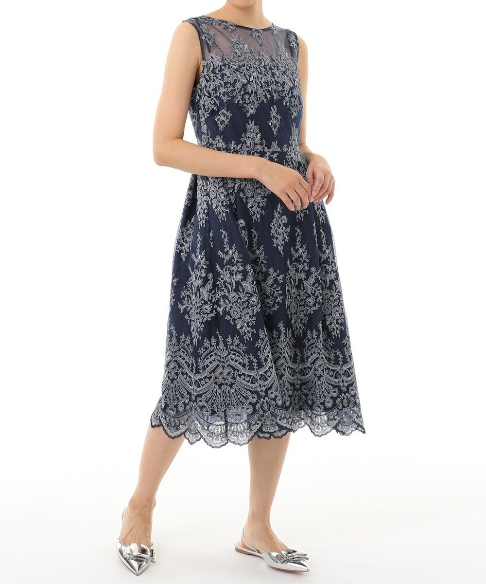 ラメフラワー刺繍ドレス, ネイビー, 34