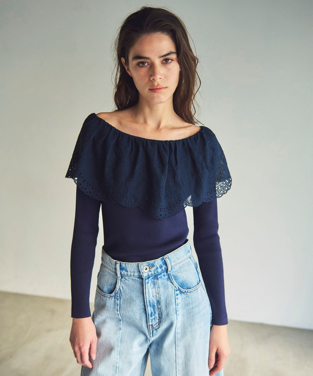 GRACE CONTINENTAL カットワークリブニットトップ