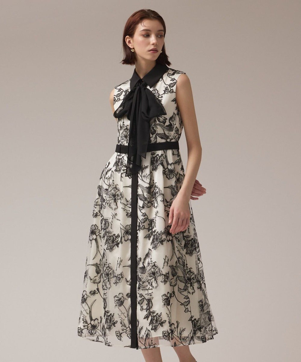 GRACE CONTINENTAL フラワー刺繍ボウタイドレス 