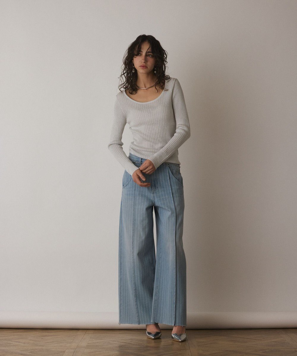 GRACE CONTINENTAL ラメリブクルーネックトップ 