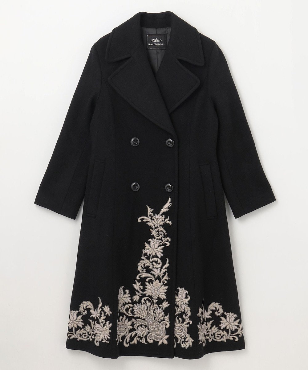 【極美品】グレースコンチネンタル　刺繍　ロングコート　Aライン　ウール　濃紺　S