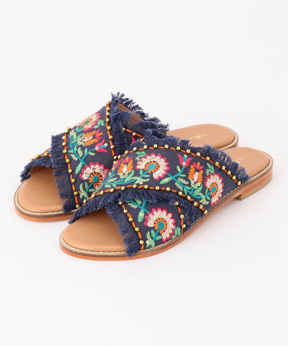 GRACE CONTINENTAL フラワー刺繍フラットサンダル ネイビー