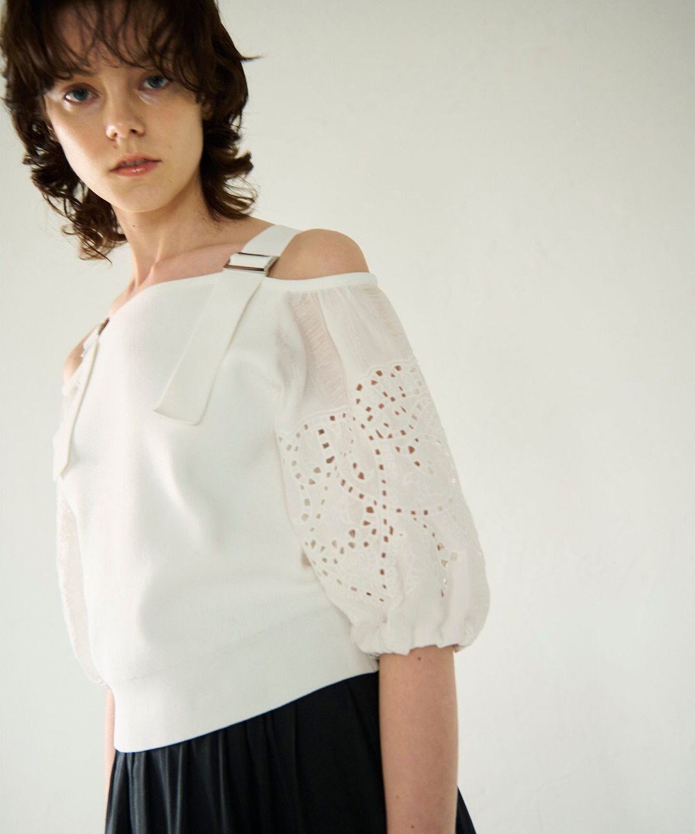 GRACE CONTINENTAL 刺繍パフスリーブニットトップ 