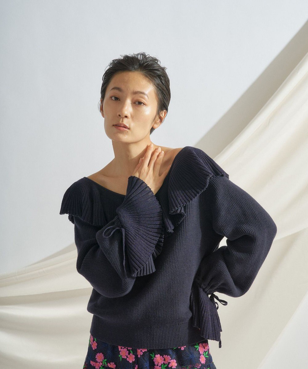 ZARA　フリルトリム ニット ミニスカート　Sサイズ　ネイビーブルー