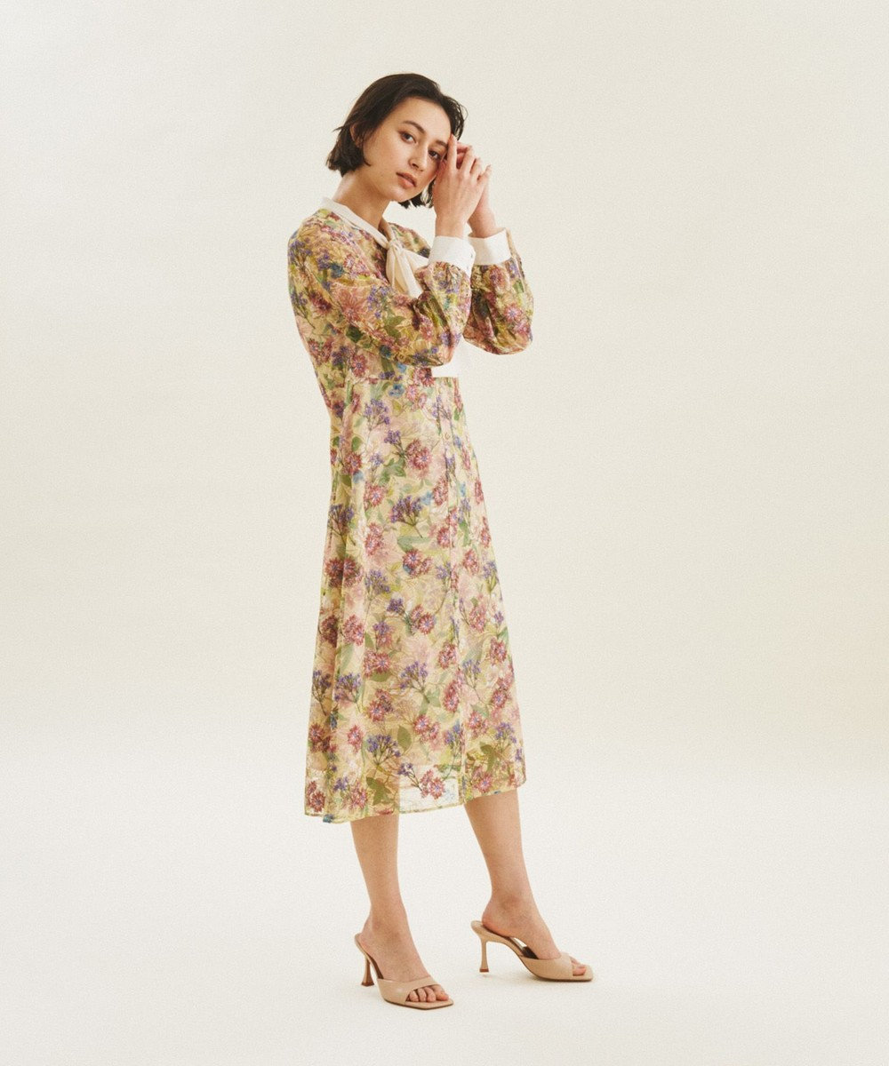 ボタニカルプリント刺繍ドレス, イエロー, 36