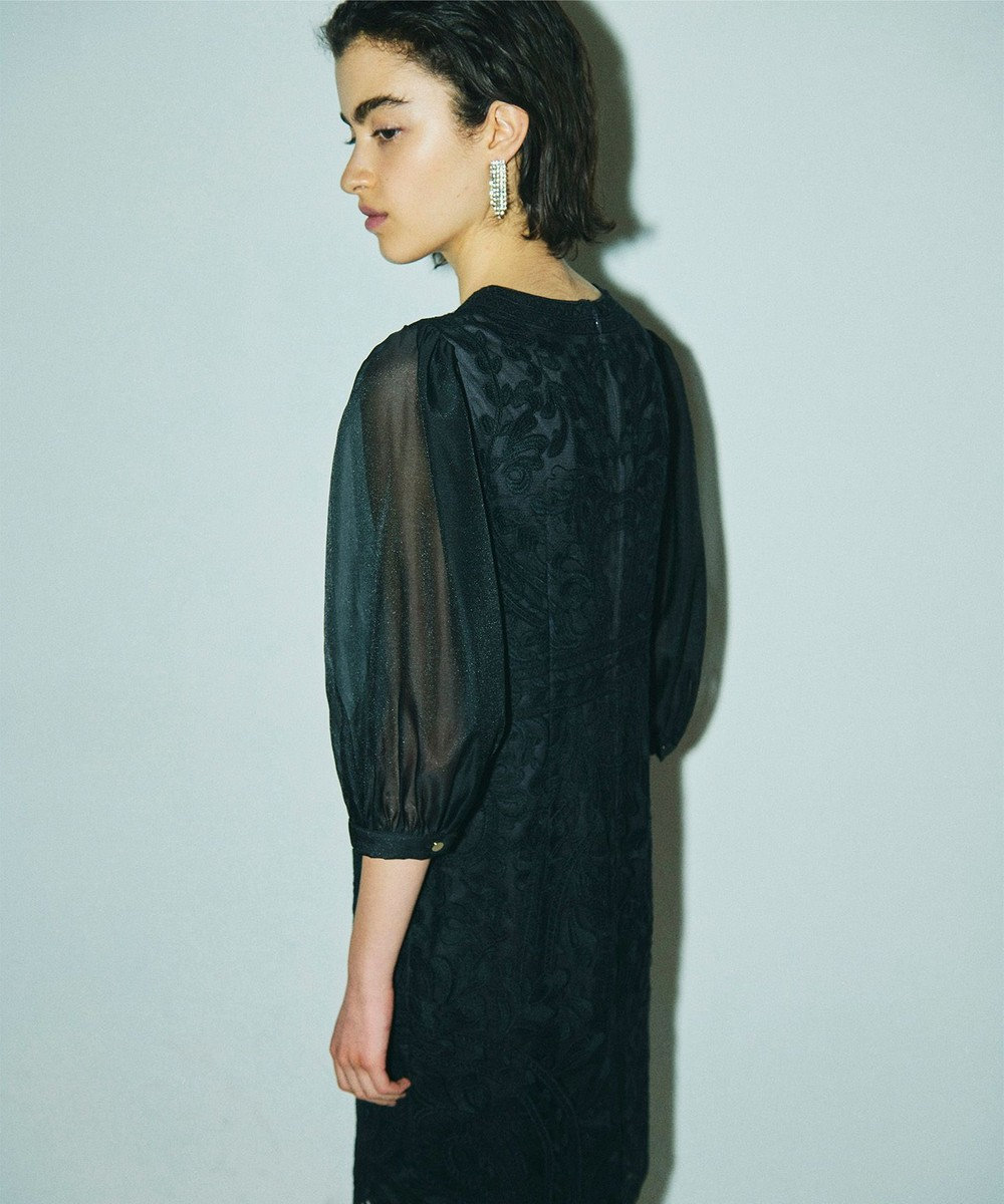 オーガン袖コード刺繍ドレス, ブラック, 36
