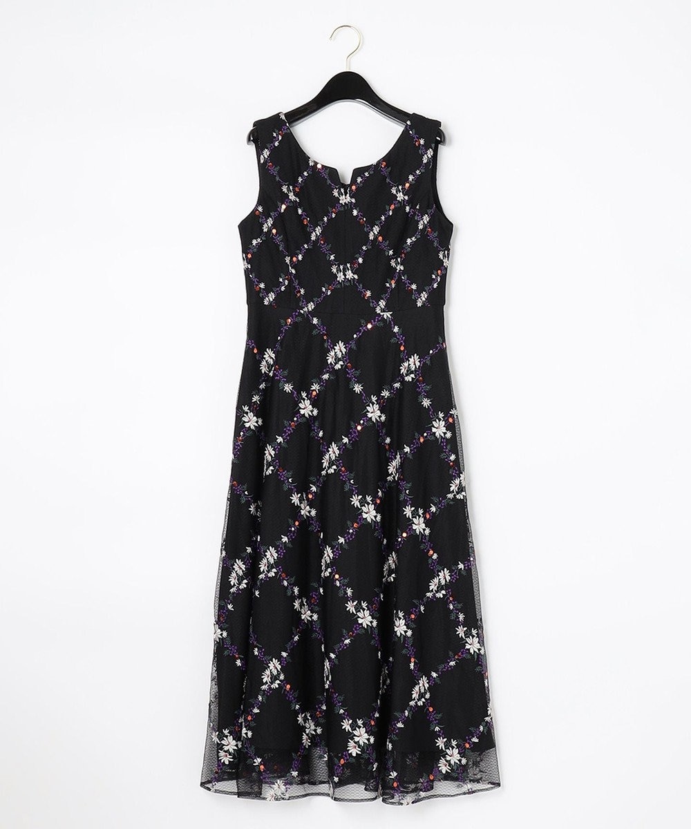 チェックフラワー刺繍ドレス, ブラック, 38
