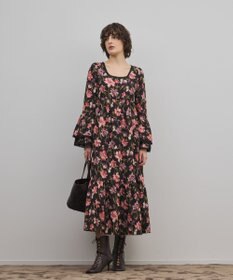 GRACE CONTINENTAL ボタニカルプリントティアードワンピース ブラック