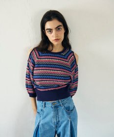 GRACE CONTINENTAL ボーダーパフニットトップ ネイビー