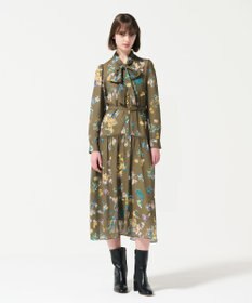 GRACE CONTINENTAL フラワープリントボウタイ付ワンピース ブラウン