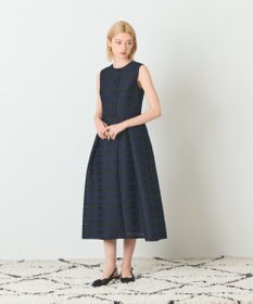 GRACE CONTINENTAL ボーダーメッシュジャガードドレス ネイビー