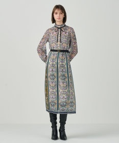 GRACE CONTINENTAL ハイネックボウタイプリントワンピース ベージュ