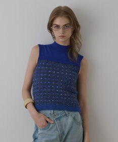 GRACE CONTINENTAL ツイードベアニットトップ ブルー