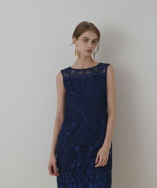 GRACE CONTINENTAL コ－ド刺繍タイトドレス ブルー