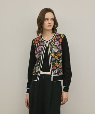 GRACE CONTINENTAL フラワープリントニットカーディガン ブラック