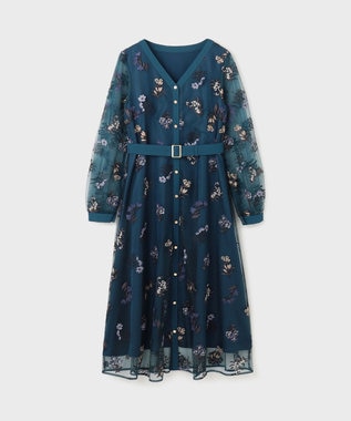 GRACE CONTINENTAL チュールフラワー刺繍ワンピース ブルー
