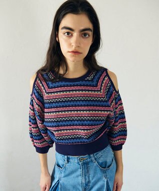 GRACE CONTINENTAL ボーダーパフニットトップ ネイビー