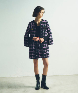 GRACE CONTINENTAL フェザーチェックツイードコート パープル