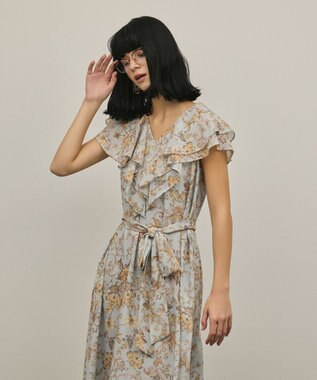 GRACE CONTINENTAL サラサプリントフリルカラーワンピース サックス