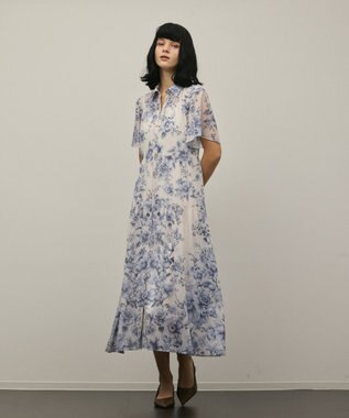 GRACE CONTINENTAL フラワープリントシャツフレアワンピース ブルー