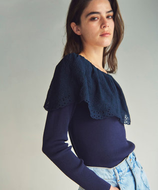 GRACE CONTINENTAL カットワークリブニットトップ ネイビー