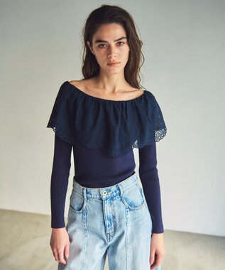 GRACE CONTINENTAL カットワークリブニットトップ ネイビー