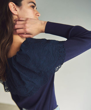 GRACE CONTINENTAL カットワークリブニットトップ ネイビー
