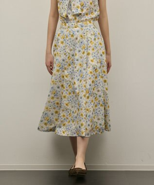 GRACE CONTINENTAL シアーフラワープリントジャガードフレアスカート イエロー