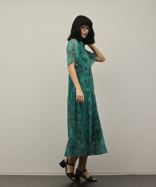 GRACE CONTINENTAL フラワープリントシャツフレアワンピース グリーン