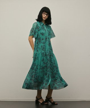 GRACE CONTINENTAL フラワープリントシャツフレアワンピース グリーン