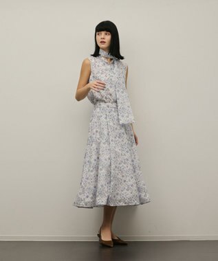 GRACE CONTINENTAL シアーフラワープリントジャガードフレアスカート グレー