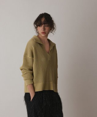 GRACE CONTINENTAL メッシュVネックニットトップ イエロー