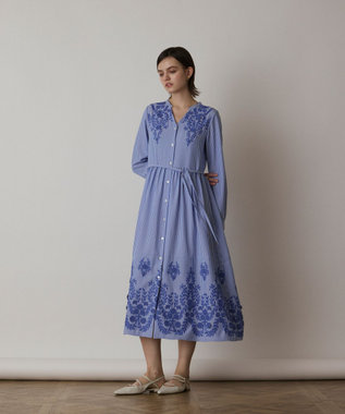 GRACE CONTINENTAL ストライプ刺繍ワンピース ブルー