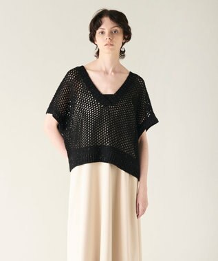 GRACE CONTINENTAL メッシュVネックニットトップ ブラック