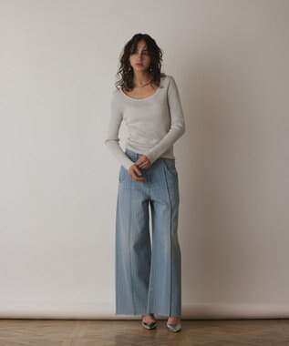 GRACE CONTINENTAL ラメリブクルーネックトップ ホワイト