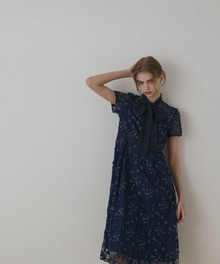 GRACE CONTINENTAL フラワ－フレアドレス ネイビー