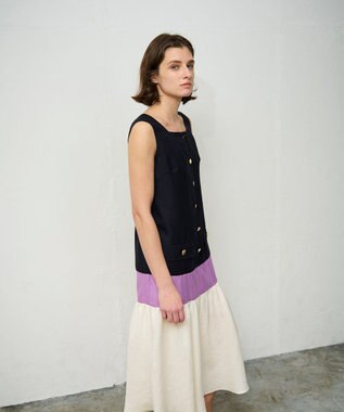 GRACE CONTINENTAL リネンタッチ配色ワンピース ネイビー