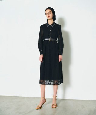 GRACE CONTINENTAL ストライプフラワー刺繍ワンピース ブラック