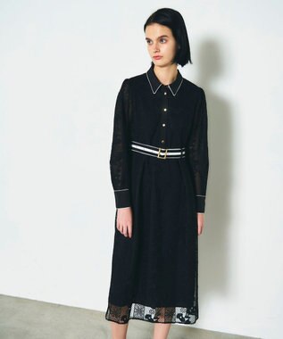 GRACE CONTINENTAL ストライプフラワー刺繍ワンピース ブラック