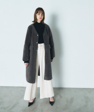 GRACE CONTINENTAL ノーカラーボアムートンコート グレー
