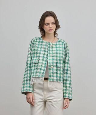 GRACE CONTINENTAL レースヘムツイードジャケット グリーン