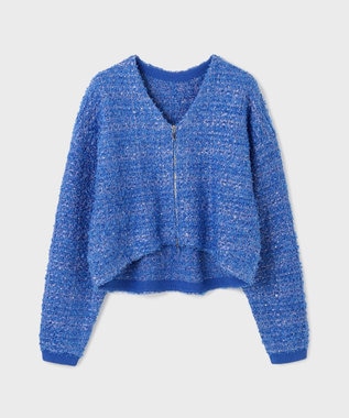 GRACE CONTINENTAL ツイードニットzipカーディガン ブルー