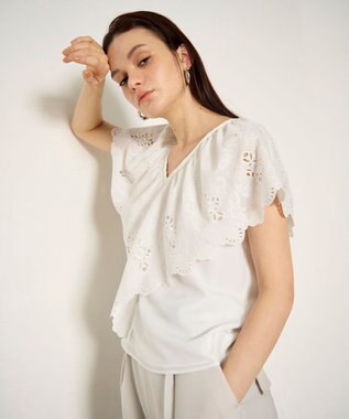GRACE CONTINENTAL 刺繍ラッフルカラーノースリーブ トップ ホワイト