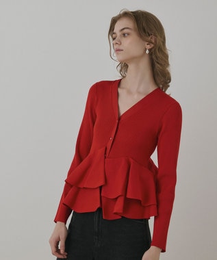 GRACE CONTINENTAL ペプラムニットカーディガン レッド