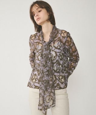 GRACE CONTINENTAL ボウタイ付レースブラウス カーキ